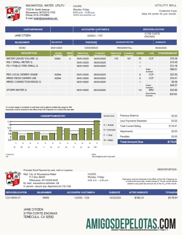 imprimível Modelo de conta de serviços públicos de água Wauwatosa dos EUA em formatos Word e PDF